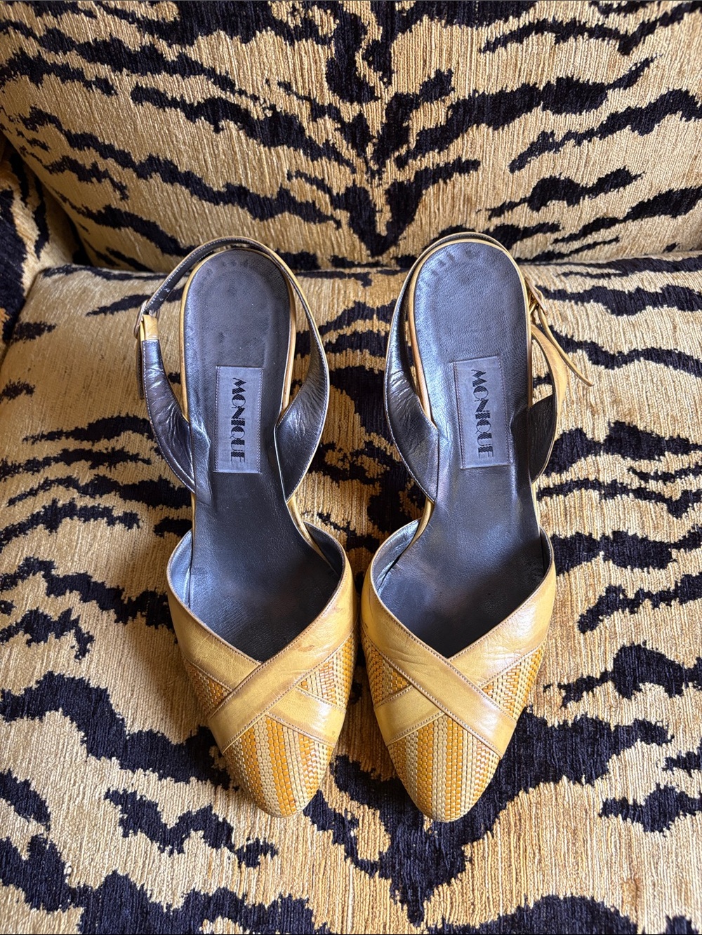 Vintage “86 Monique, New York Mustard Yellow Leather Made in Italy Slingbacks